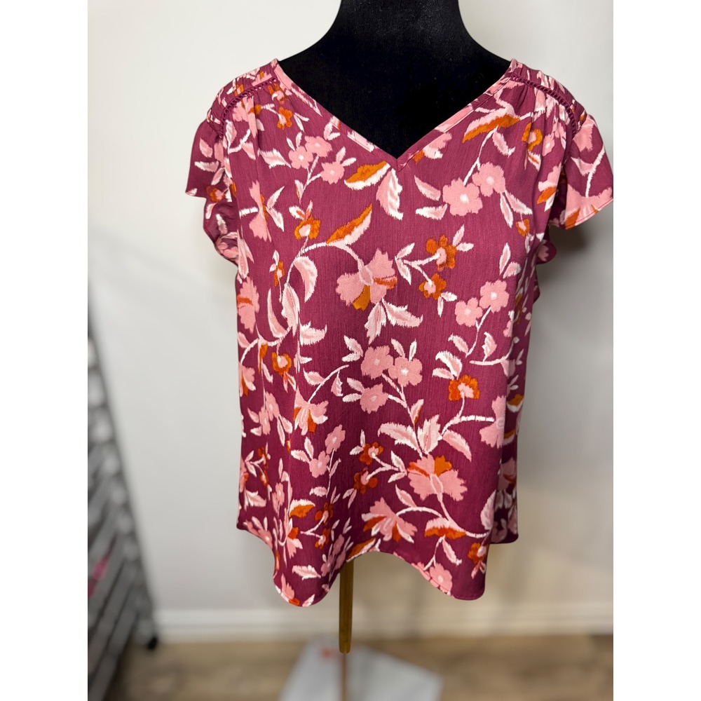 DR2 Womens Floral V Neck Short Sleeve Blouse Top Burgundy Pink Business‎ Casual